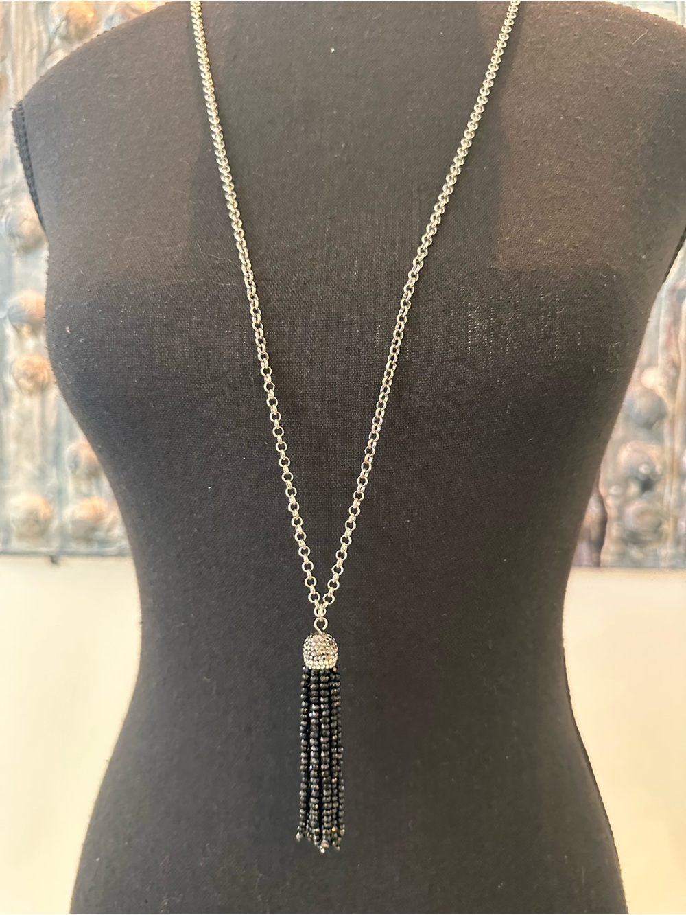 ⭐️ Long Silvertone Chain Necklace with Black Beaded Tassel